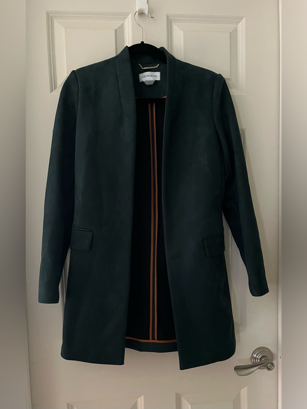 Calvin Klein open-front blazer longline silhouette faux suede 2 green
